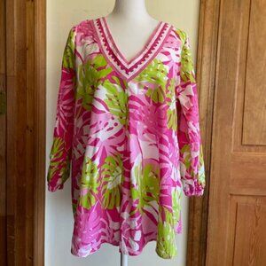 BARBARA GERWIT Cotton Tunic Top Pink Green Floral Print L